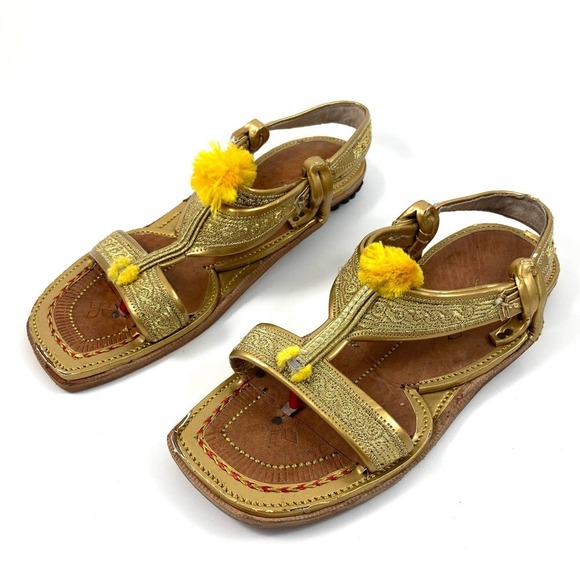 Hand made Indian gold leather pom pom sandals - Picture 1 of 9